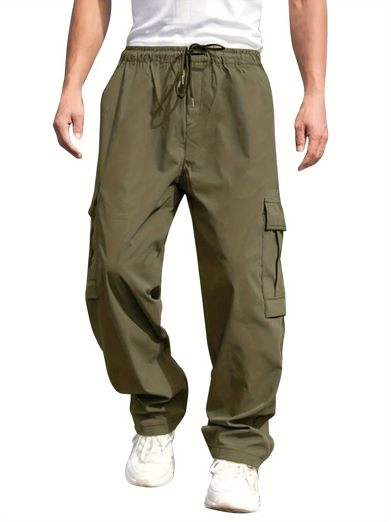 Mens Cargo Pants with Elastic Drawstring - Spacious Pockets, Loose Fit & Trendy Solid Color - Perfect for Casual Style