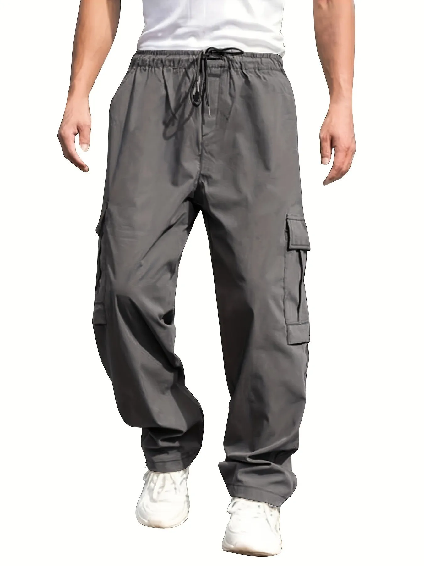 Mens Cargo Pants with Elastic Drawstring - Spacious Pockets, Loose Fit & Trendy Solid Color - Perfect for Casual Style