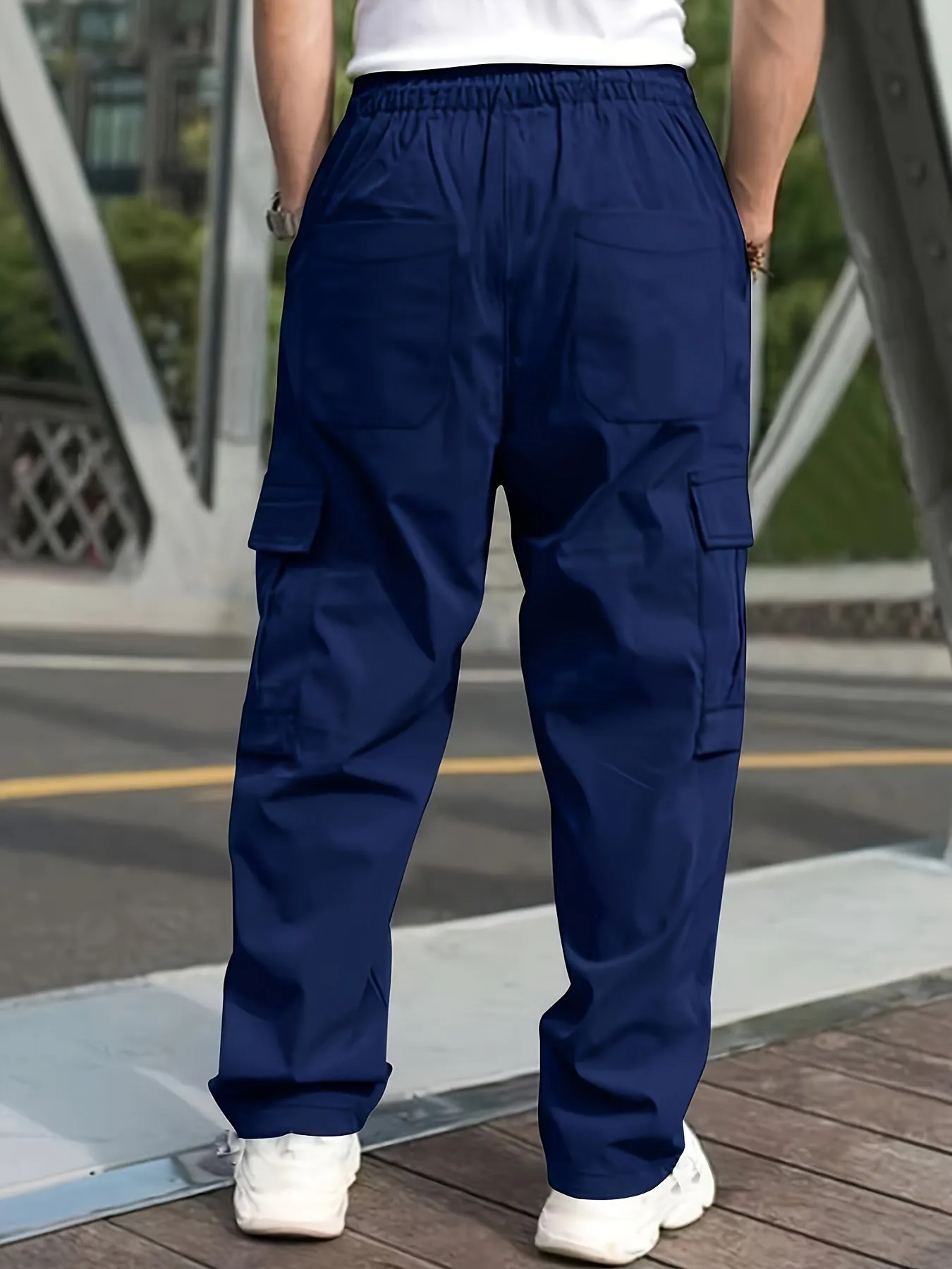 Mens Cargo Pants with Elastic Drawstring - Spacious Pockets, Loose Fit & Trendy Solid Color - Perfect for Casual Style