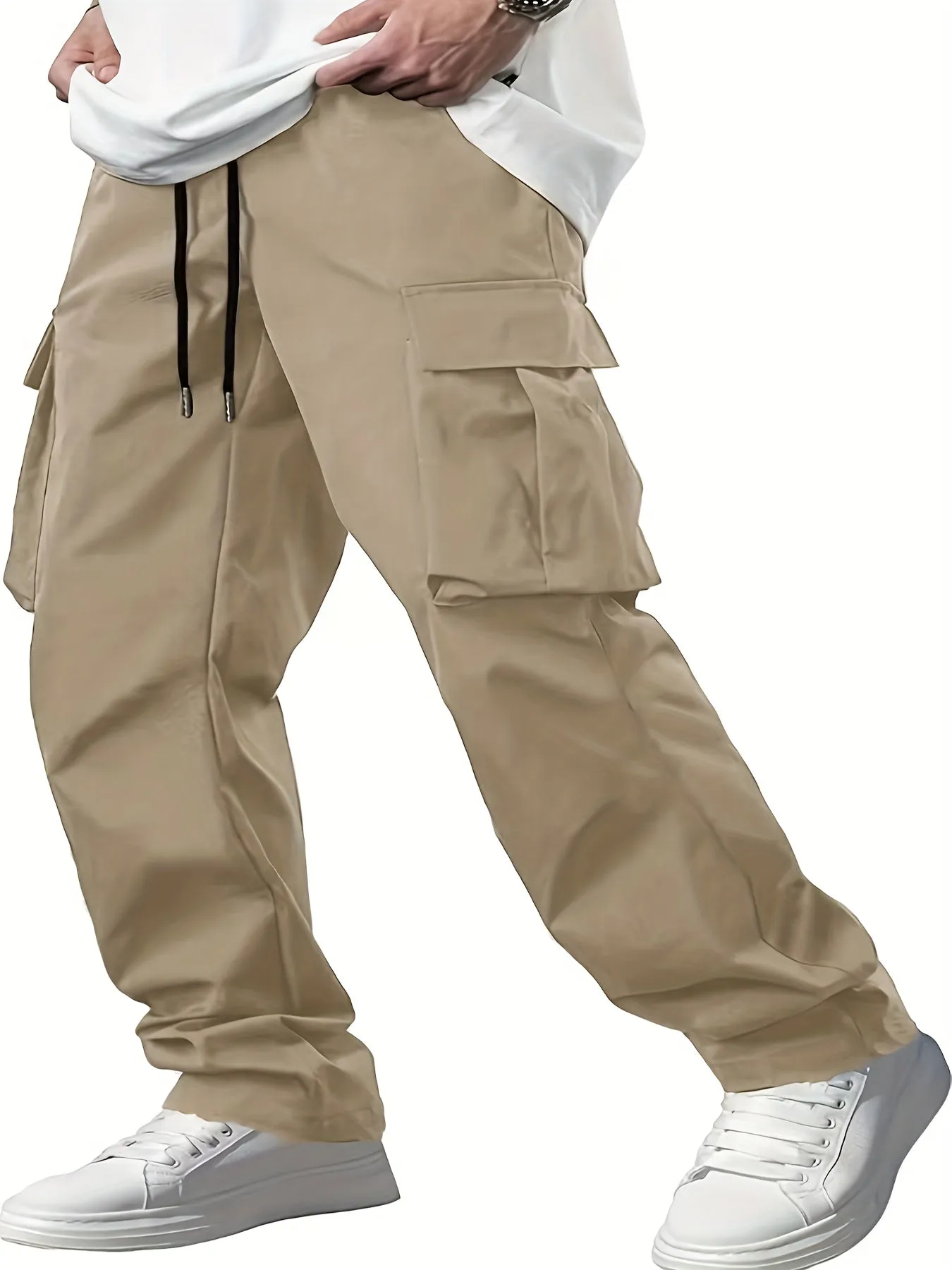 Men's Premium Solid Color Drawstring Cargo Pants - Multiple Pockets, Breathable, Comfortable, Versatile, All-Season Outdoor, Leisure, Work, and Travel Essential - Durable, Easy Care, and Stylish