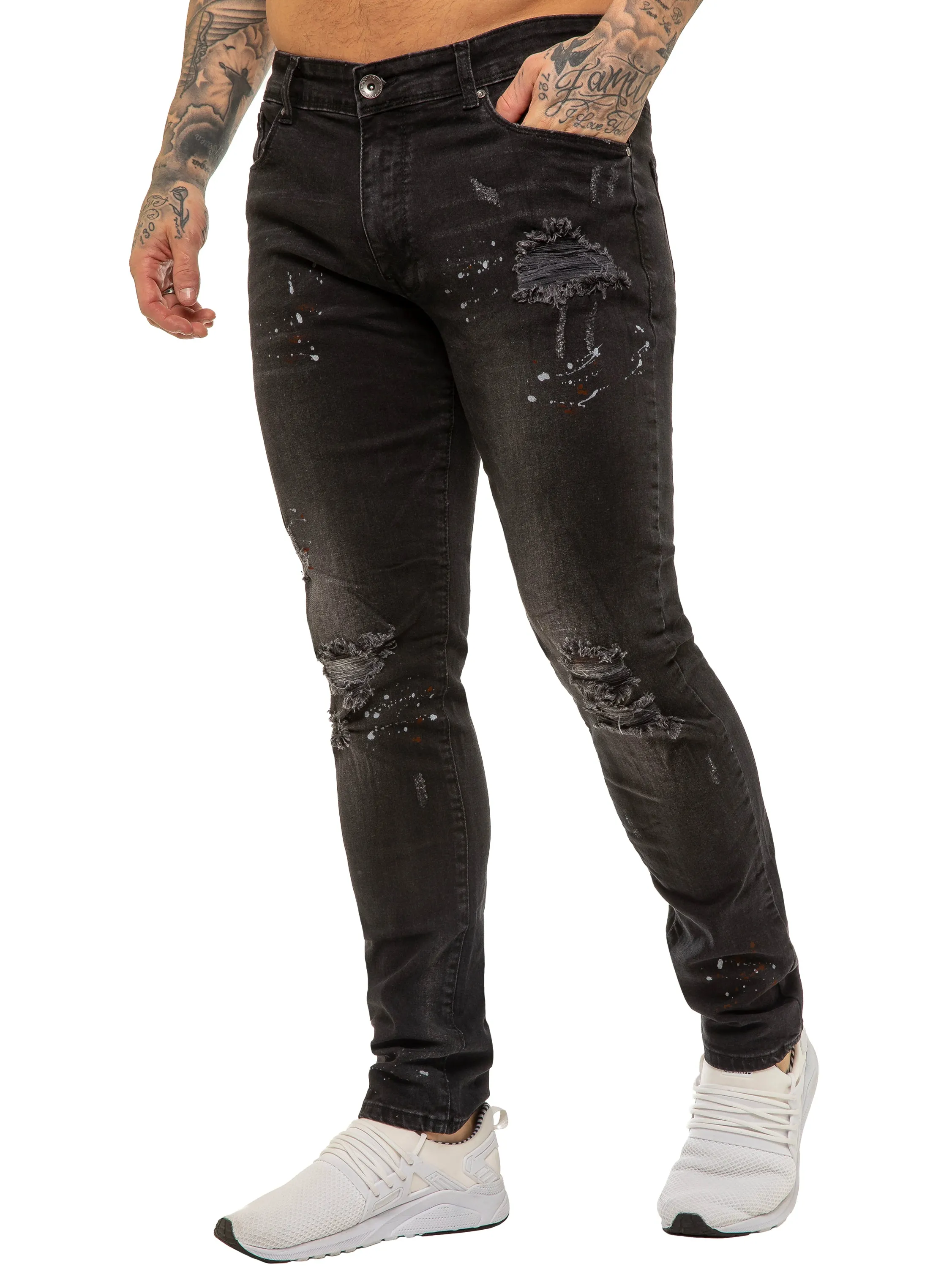 Mens Skinny Ripped Splash Jeans Stretch Denim | Enzo Designer Menswear