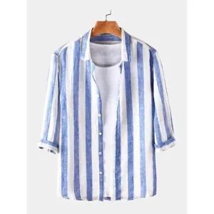 Mens Striped Printed Long Sleeve Loose Casual Shirts