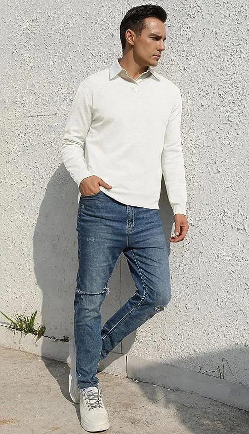 Men's V-Neck Casual Sweater Structured Knit Pullover - White