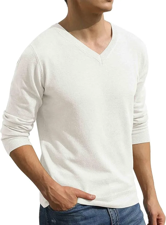 Men's V-Neck Casual Sweater Structured Knit Pullover - White