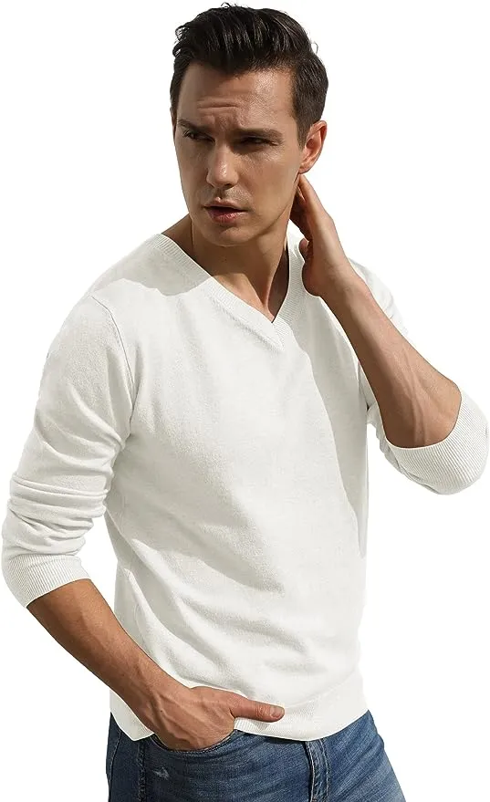 Men's V-Neck Casual Sweater Structured Knit Pullover - White