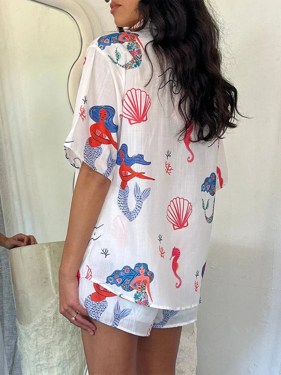 Mermaid Print Short Sleeve Button Down Oversized Blouse Summer Lounge Romper