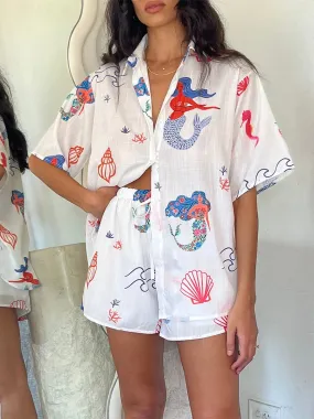 Mermaid Print Short Sleeve Button Down Oversized Blouse Summer Lounge Romper