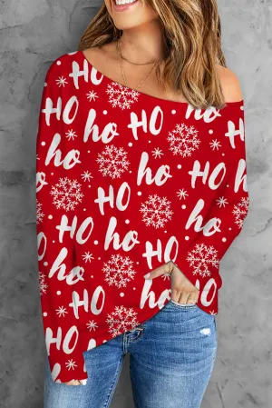 Merry Christmas HO Print Off the Shoulder Long Sleeve Blouse Tops