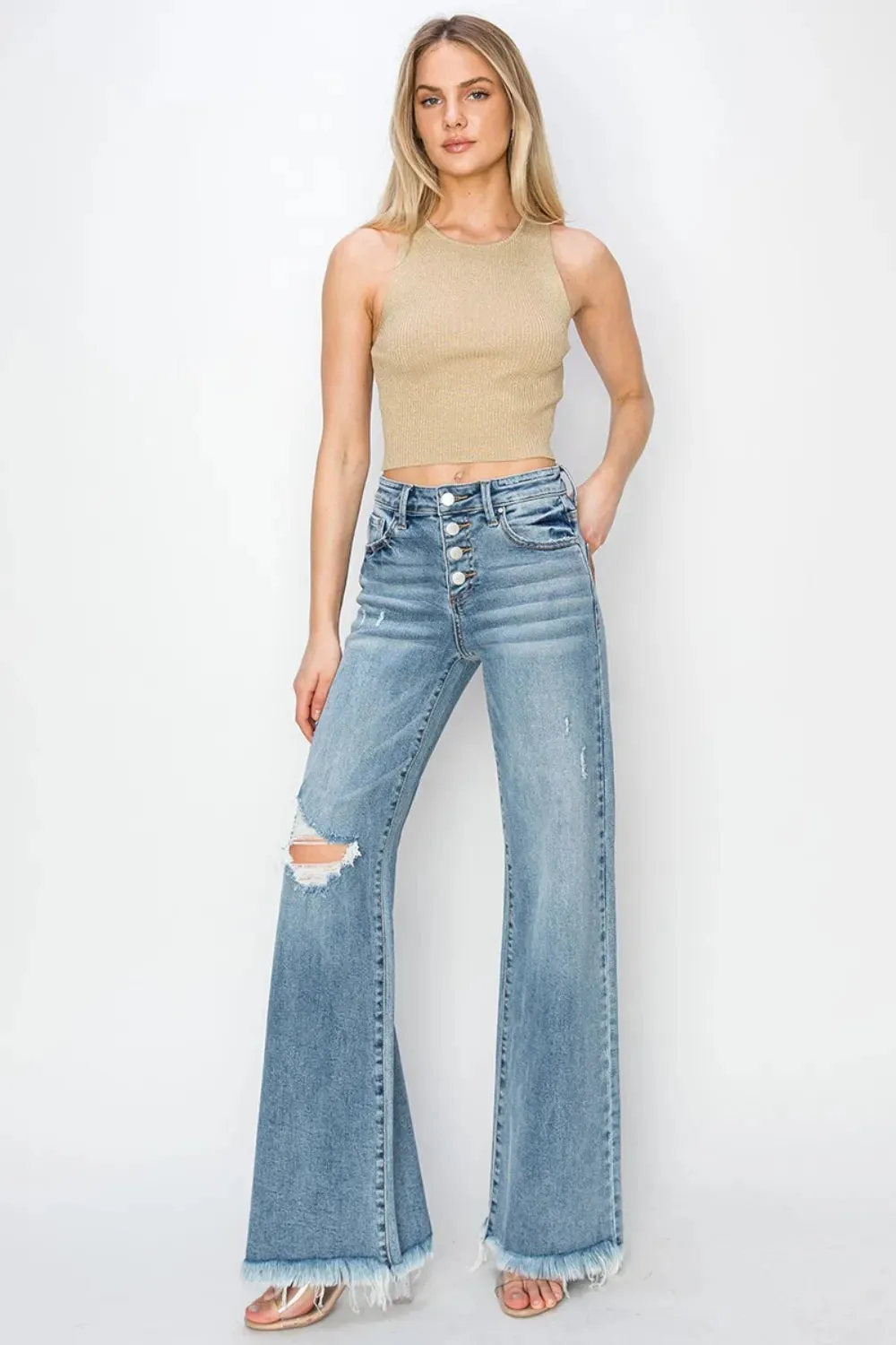 Mid Rise Button Fly Wide Leg Jeans