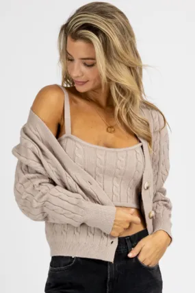 MOCHA CABLE KNIT BRALETTE   CARDIGAN SET