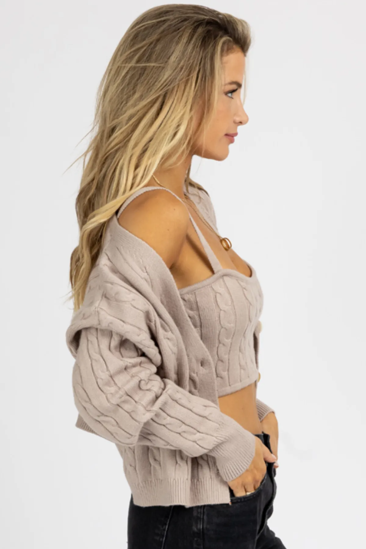 MOCHA CABLE KNIT BRALETTE   CARDIGAN SET