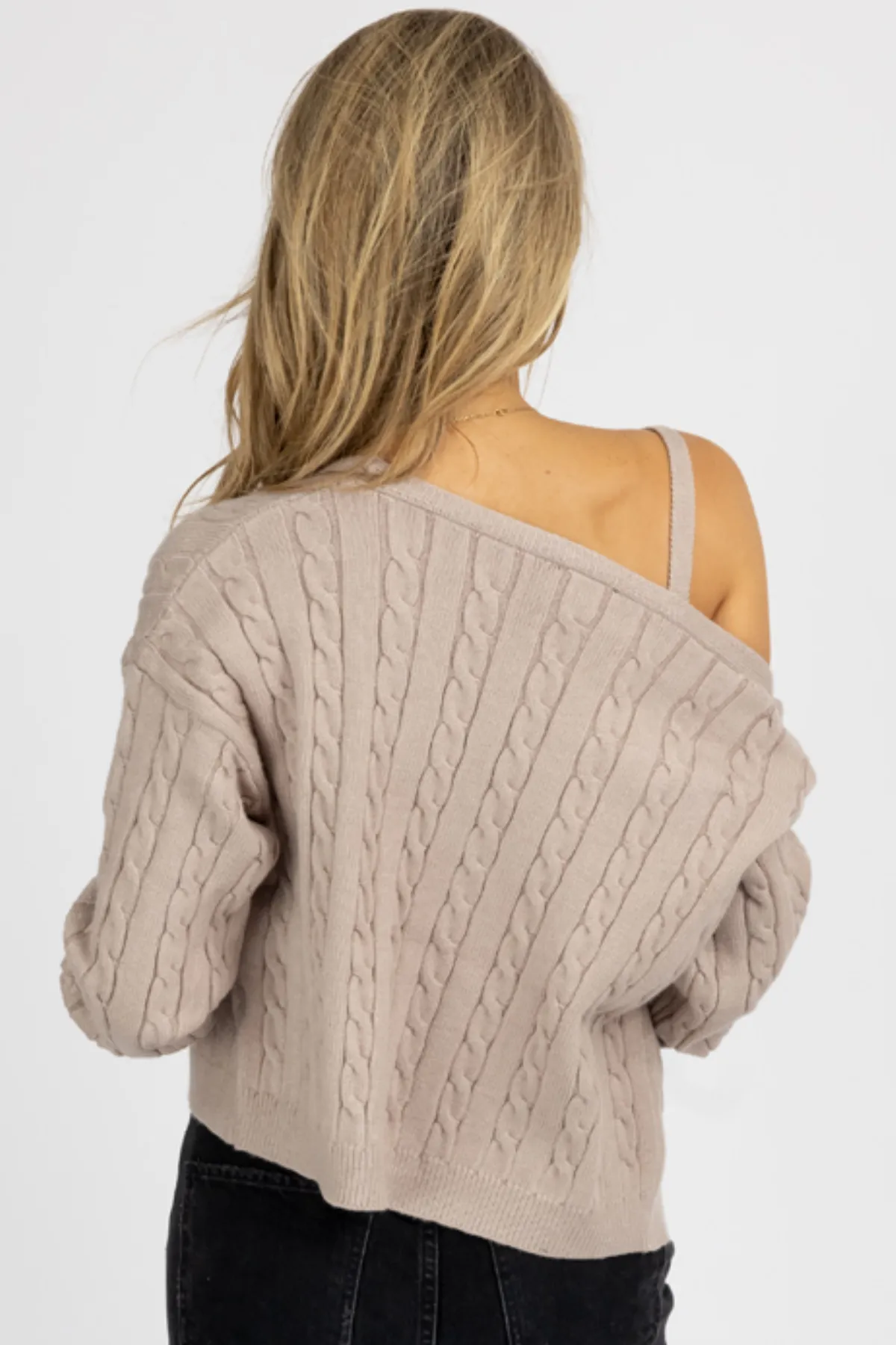 MOCHA CABLE KNIT BRALETTE   CARDIGAN SET