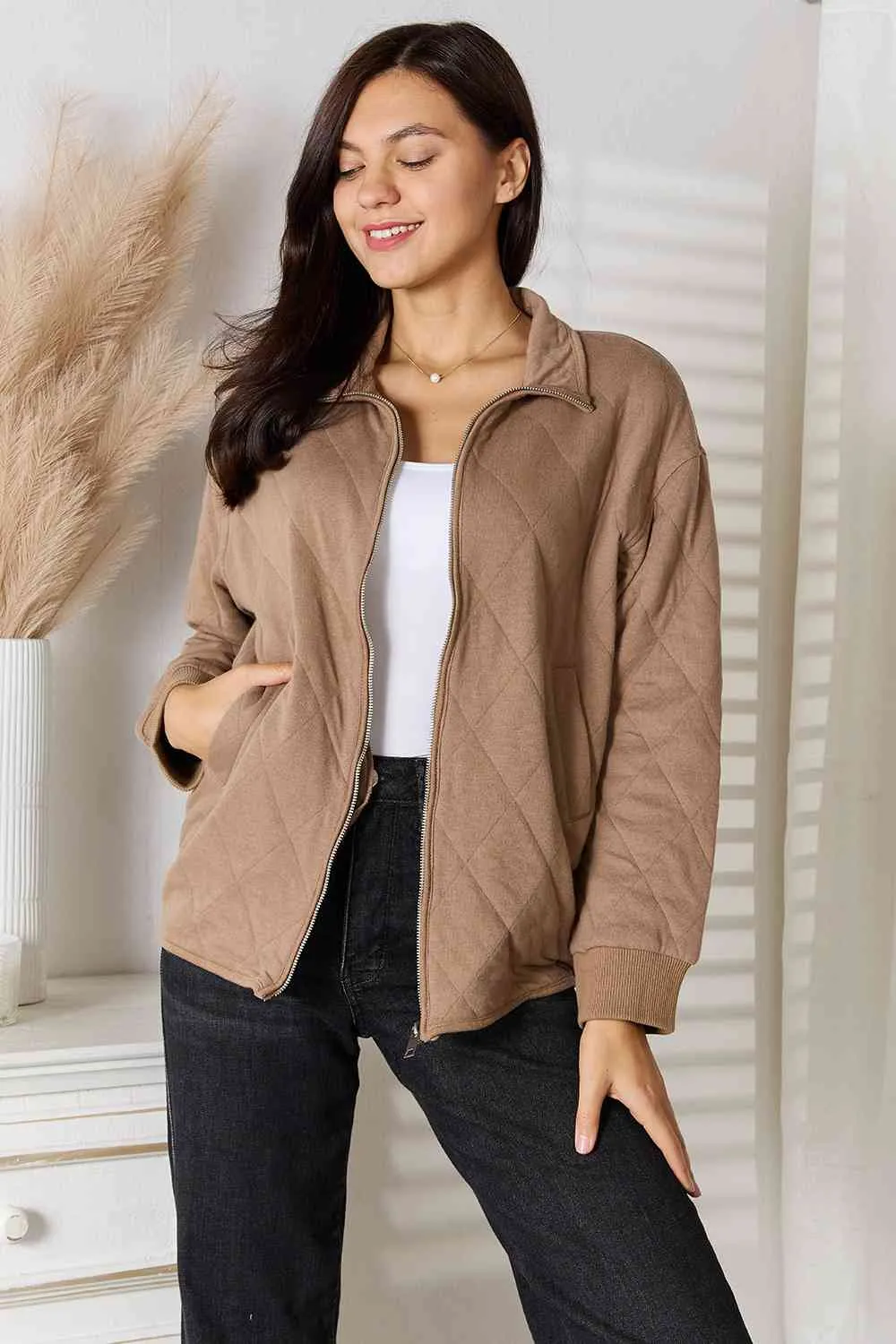 Mocha Zip-Up Jacket with Pockets