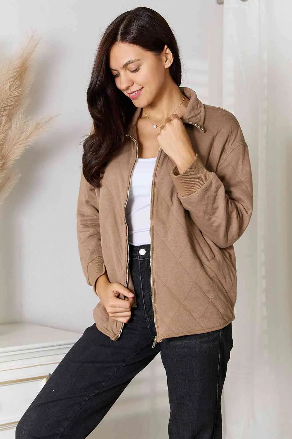 Mocha Zip-Up Jacket with Pockets