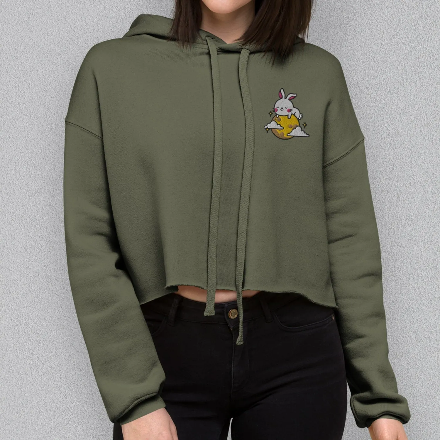 Moon Rabbit Embroidered Crop Hoodie