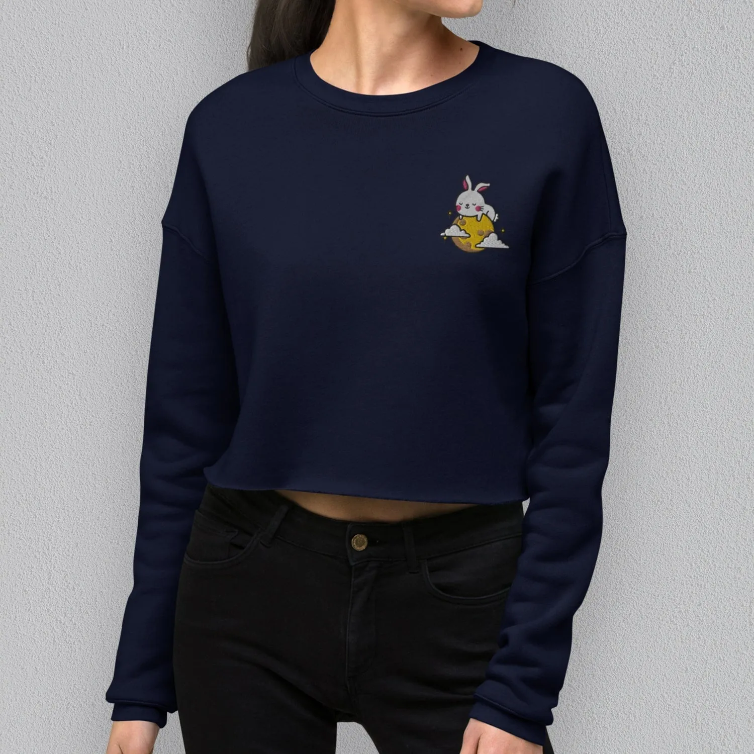 Moon Rabbit Embroidered Crop Sweatshirt