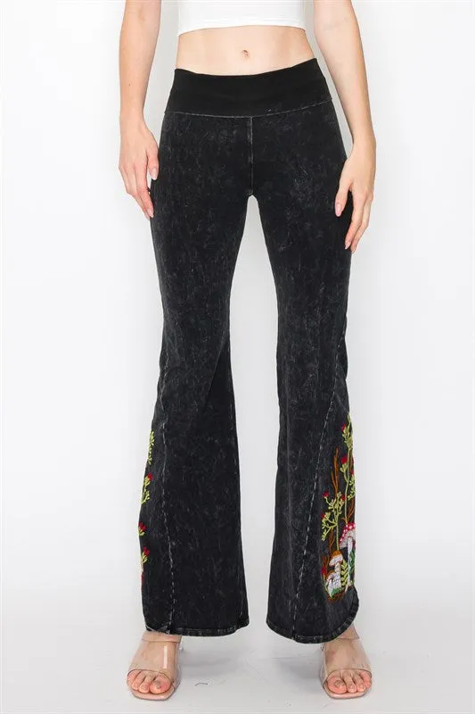 Mushroom Embroidered Bell Bottom Mineral Washed Pants