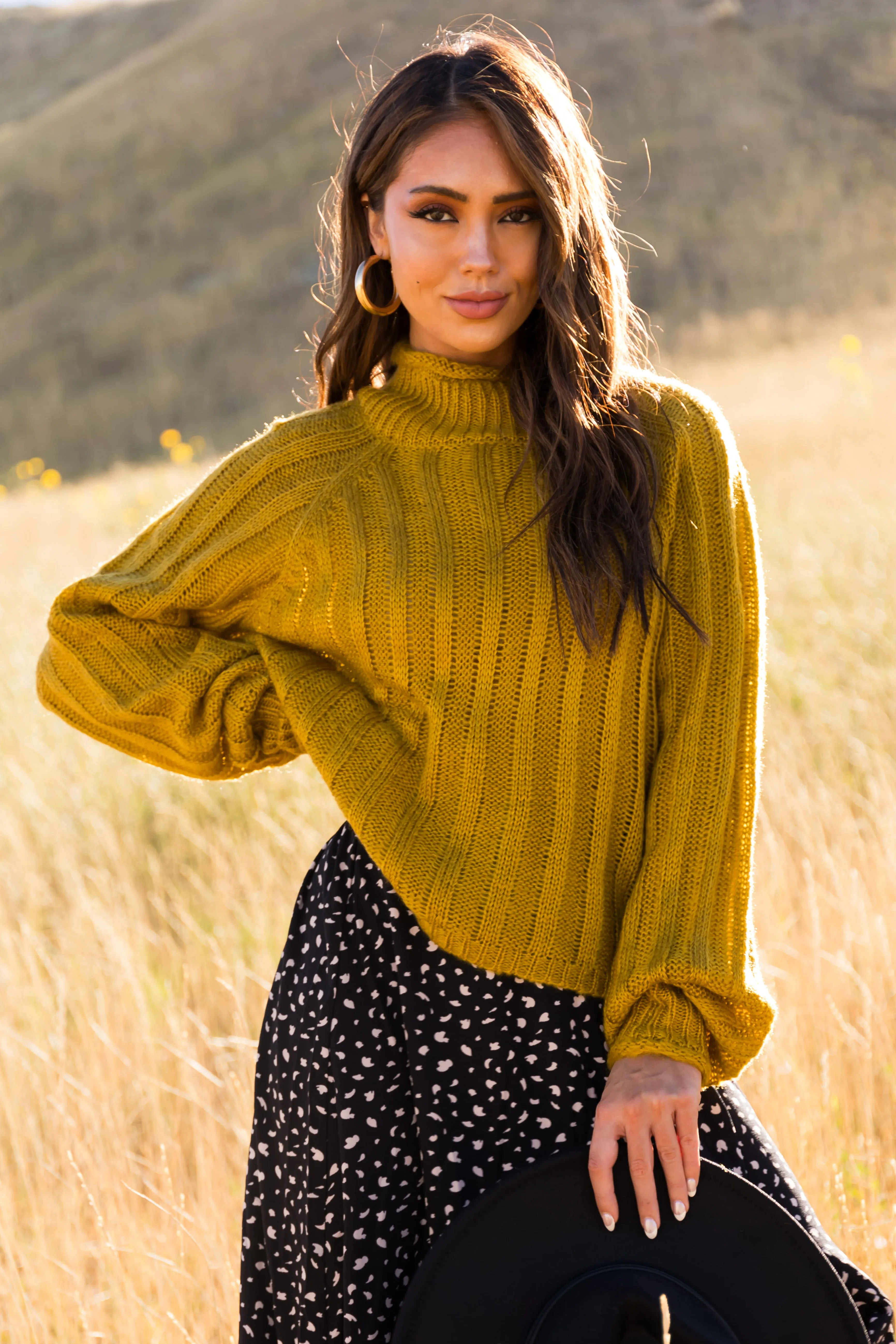 Mustard Ribbed High Neck Raglan Sweater