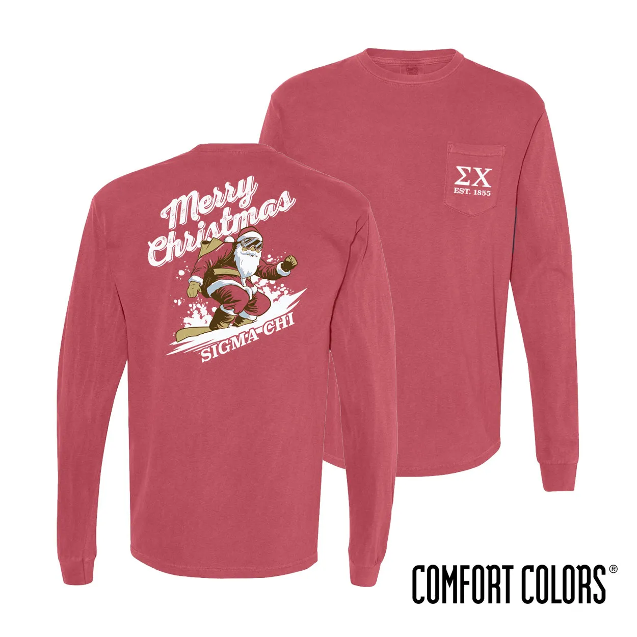 New! Sigma Chi Comfort Colors Holiday Shredding Santa Long Sleeve Tee