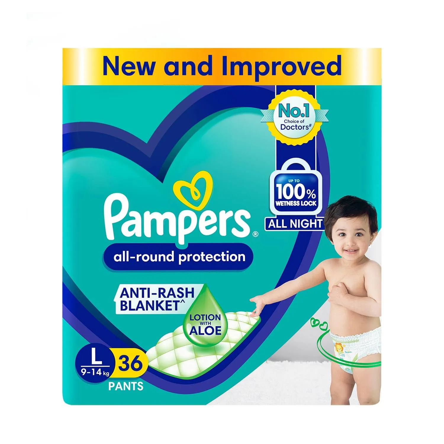 Pampers All round Protection Pants, Large size baby Diapers, (L) 36 Count,9-14 kg Lotion with Aloe Vera