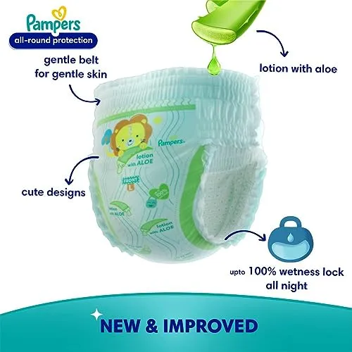 Pampers All round Protection Pants Style Baby Diapers, Large (L) Size, 64 Count, Anti Rash Blanket, Lotion with Aloe Vera, 9-14kg Diapers