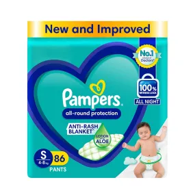 Pampers All round Protection Pants Style Baby Diapers, Small (S) Size, 86 Count, Anti Rash Blanket, Lotion with Aloe Vera, 4-8kg Diapers