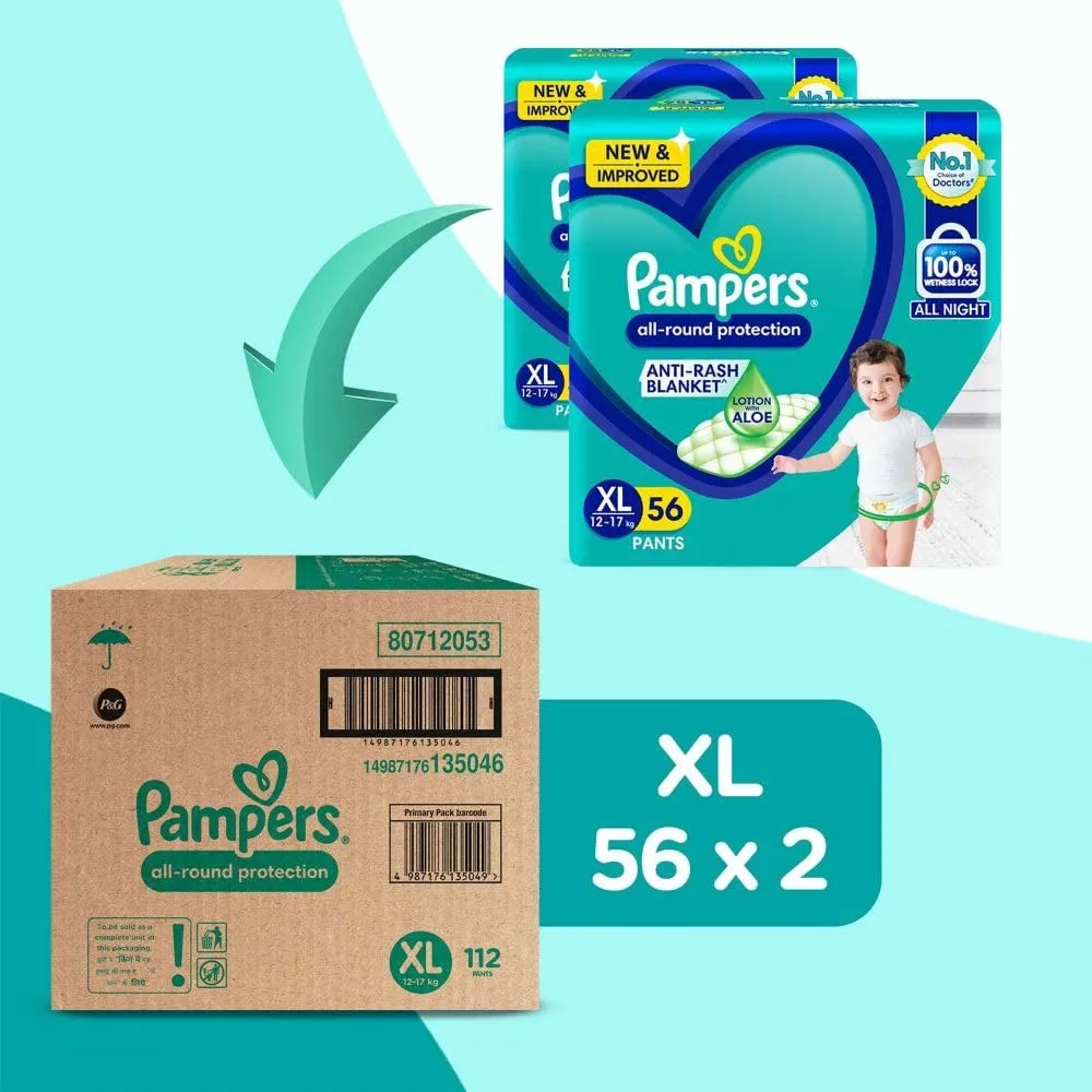 Pampers All round Protection Pants Style Baby Diapers, X-Large (XL) Size, 112 Count, Anti Rash Blanket, Lotion with Aloe Vera, 12-17kg Diapers