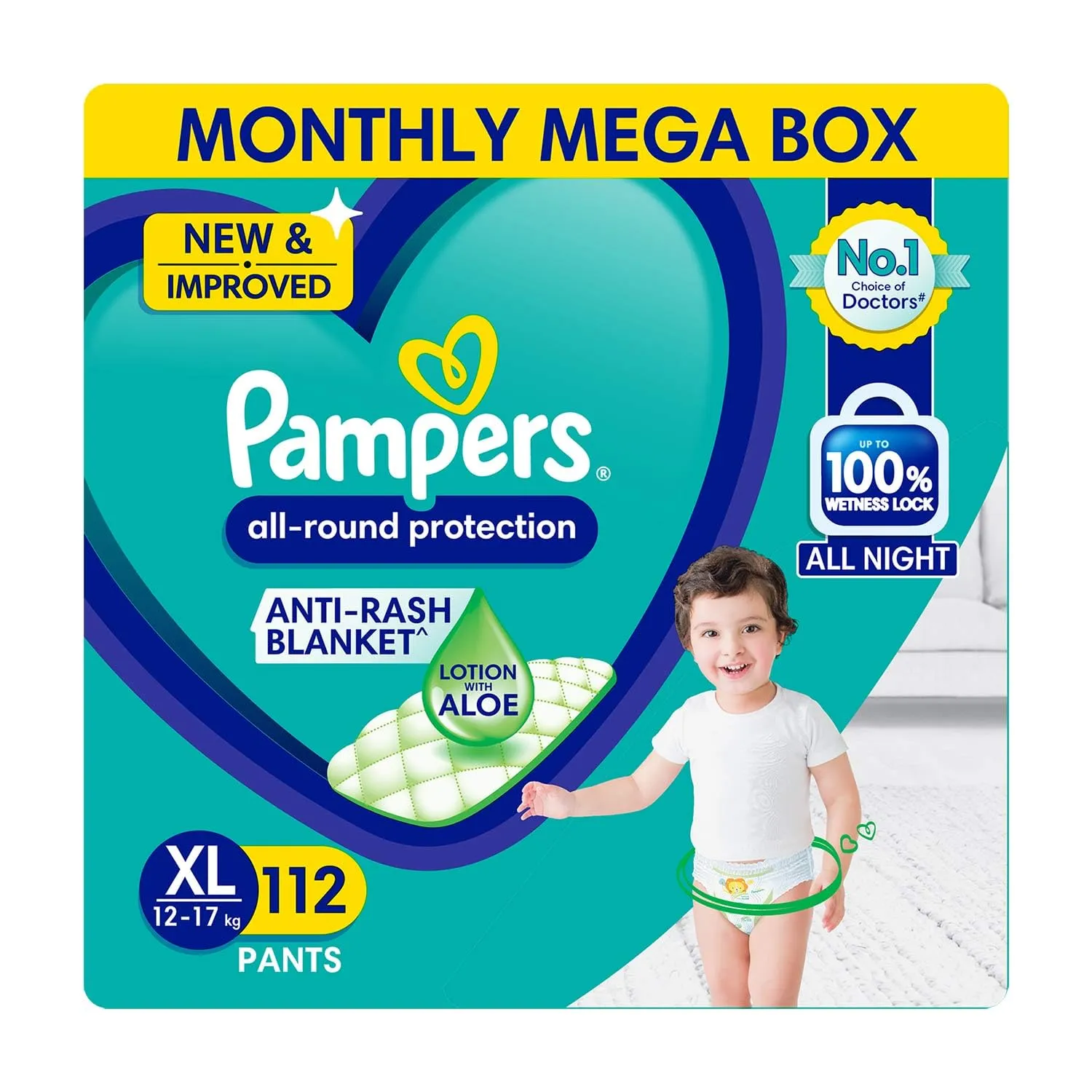 Pampers All round Protection Pants Style Baby Diapers, X-Large (XL) Size, 112 Count, Anti Rash Blanket, Lotion with Aloe Vera, 12-17kg Diapers