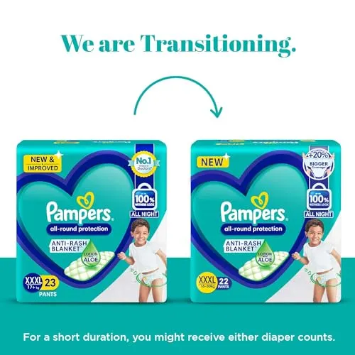 Pampers All round Protection Pants Style Baby Diapers, XXX-Large (XXXL) Size, 22 Count, Anti Rash Blanket, Lotion with Aloe Vera, 17  kgs Diapers