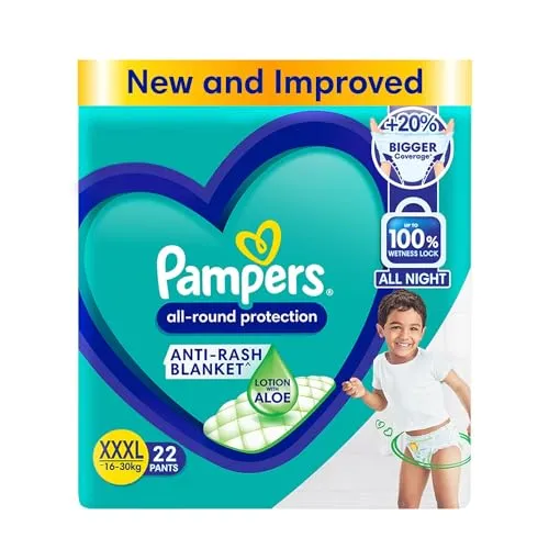 Pampers All round Protection Pants Style Baby Diapers, XXX-Large (XXXL) Size, 22 Count, Anti Rash Blanket, Lotion with Aloe Vera, 17  kgs Diapers