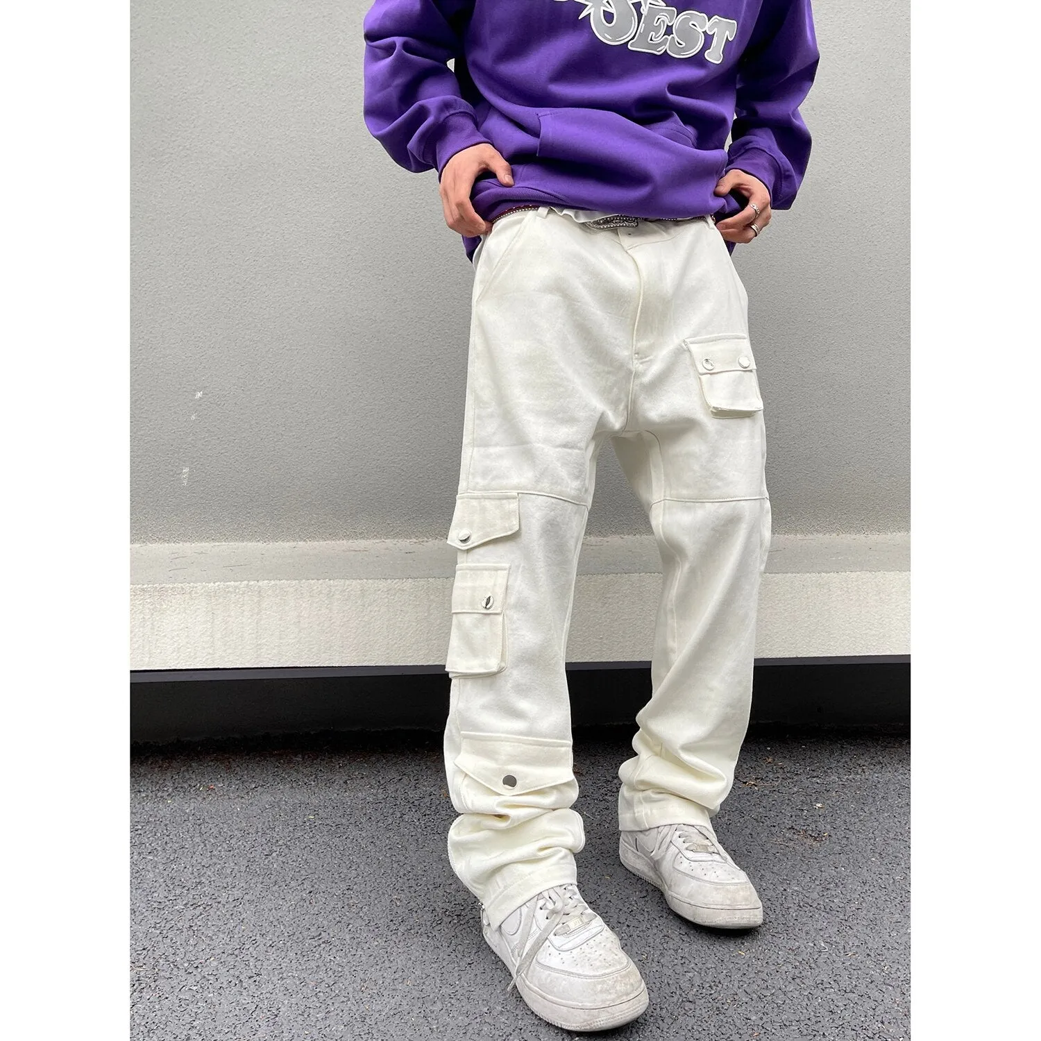 PK21 Straight Multi-pocket Cargo Pants - White