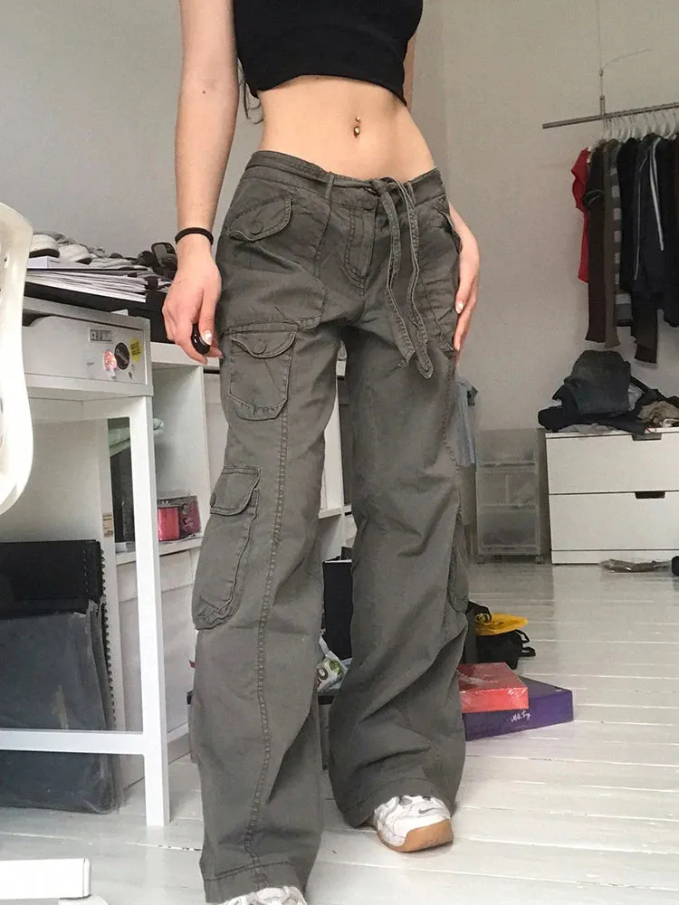 Retro Fashion Y2K Straight Cargo Pants Low Rise Jeans Streetwear Belt Pockets Denim Trousers Fairycore Female Jeans