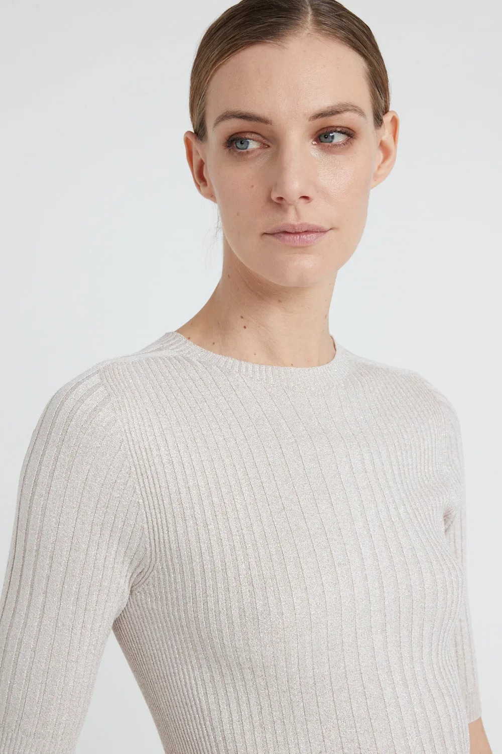 Ribbed short-sleeved sweater in viscose yarn and Lurex