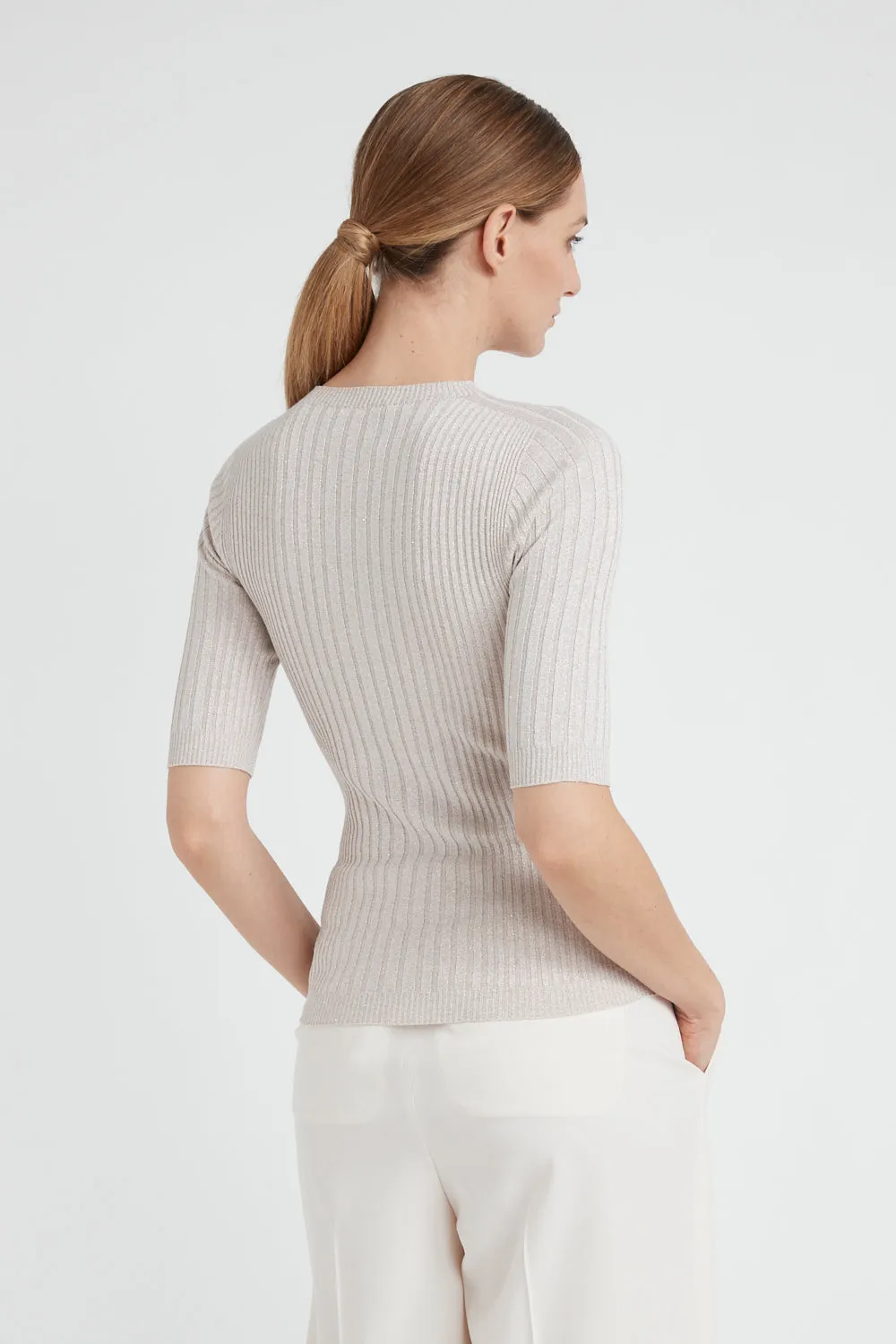 Ribbed short-sleeved sweater in viscose yarn and Lurex