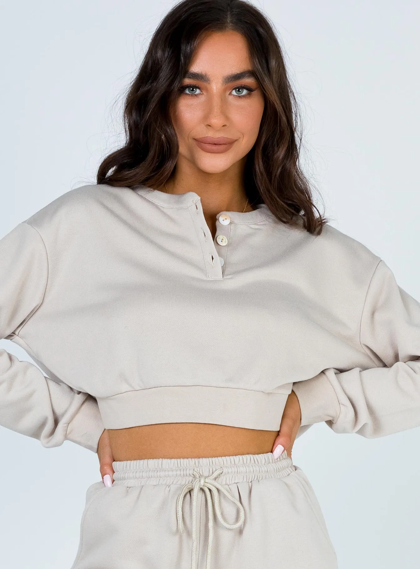 Rise & Lounge Cropped Henley Sweatshirt Beige