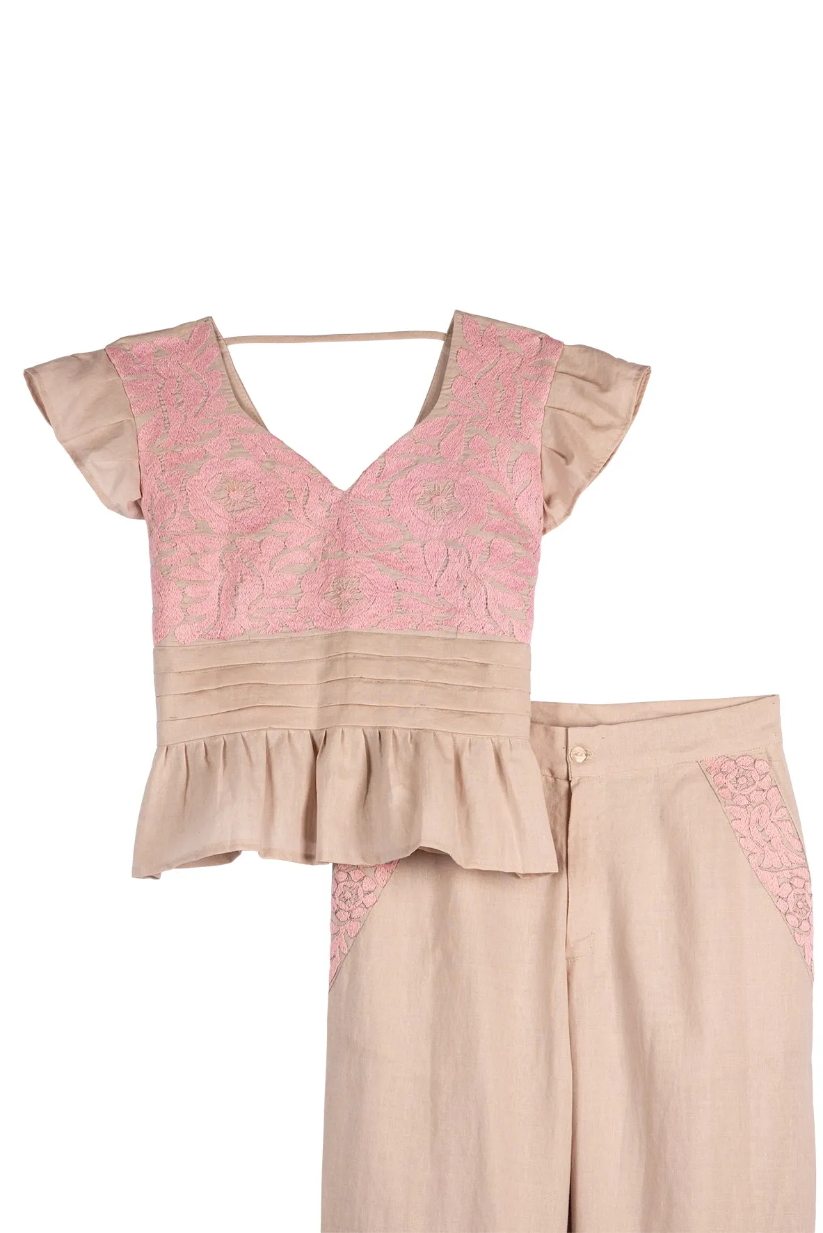 SALE - Gardenia Collection Embroidered Blouse & Pant Set from Mexico- Neutral and Light Pink