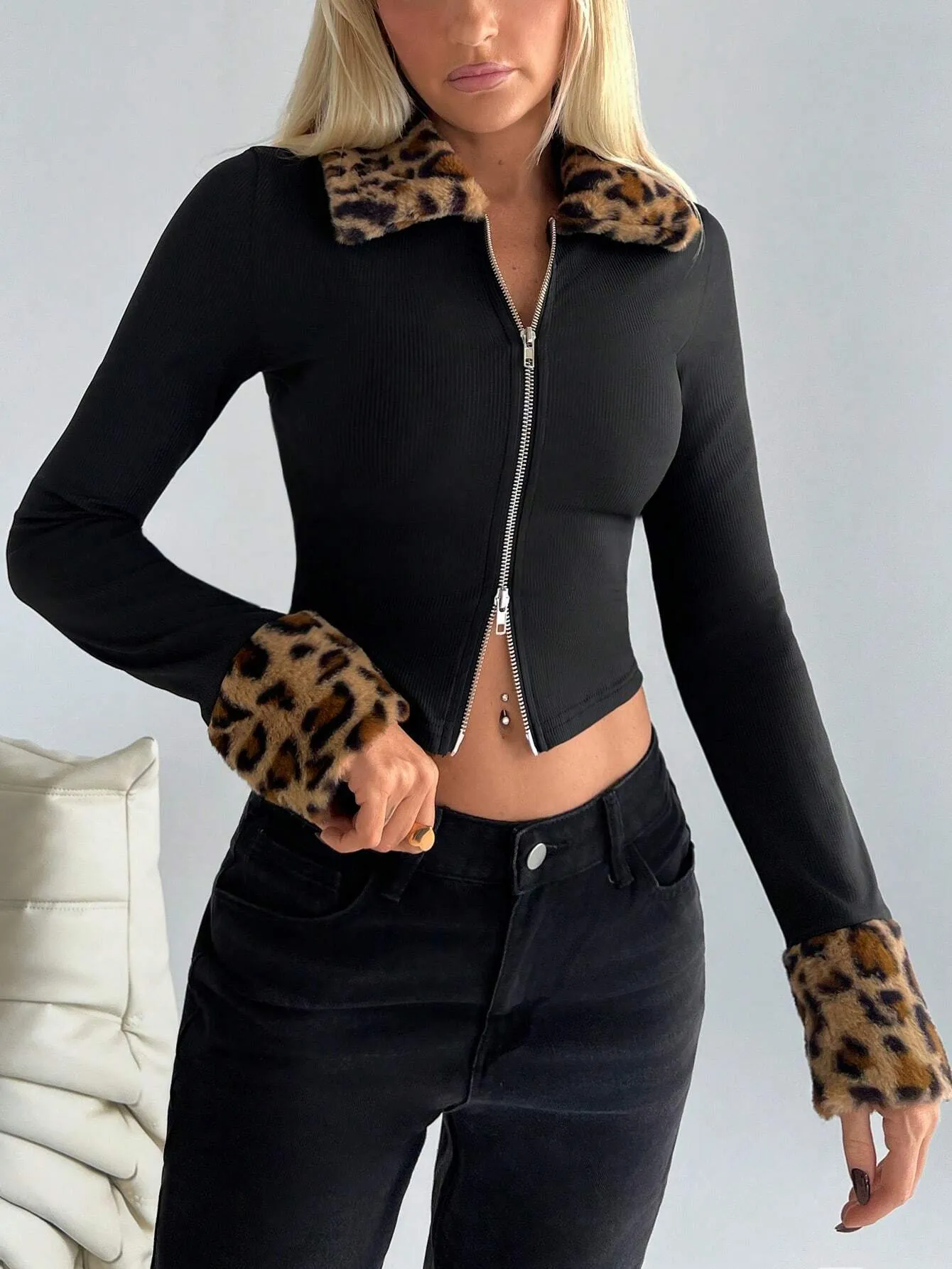 SHEIN EZwear Women's Spring & Autumn Leopard Print Panel Fleece Lapel Long Sleeve Zip Front Fitted Jacket