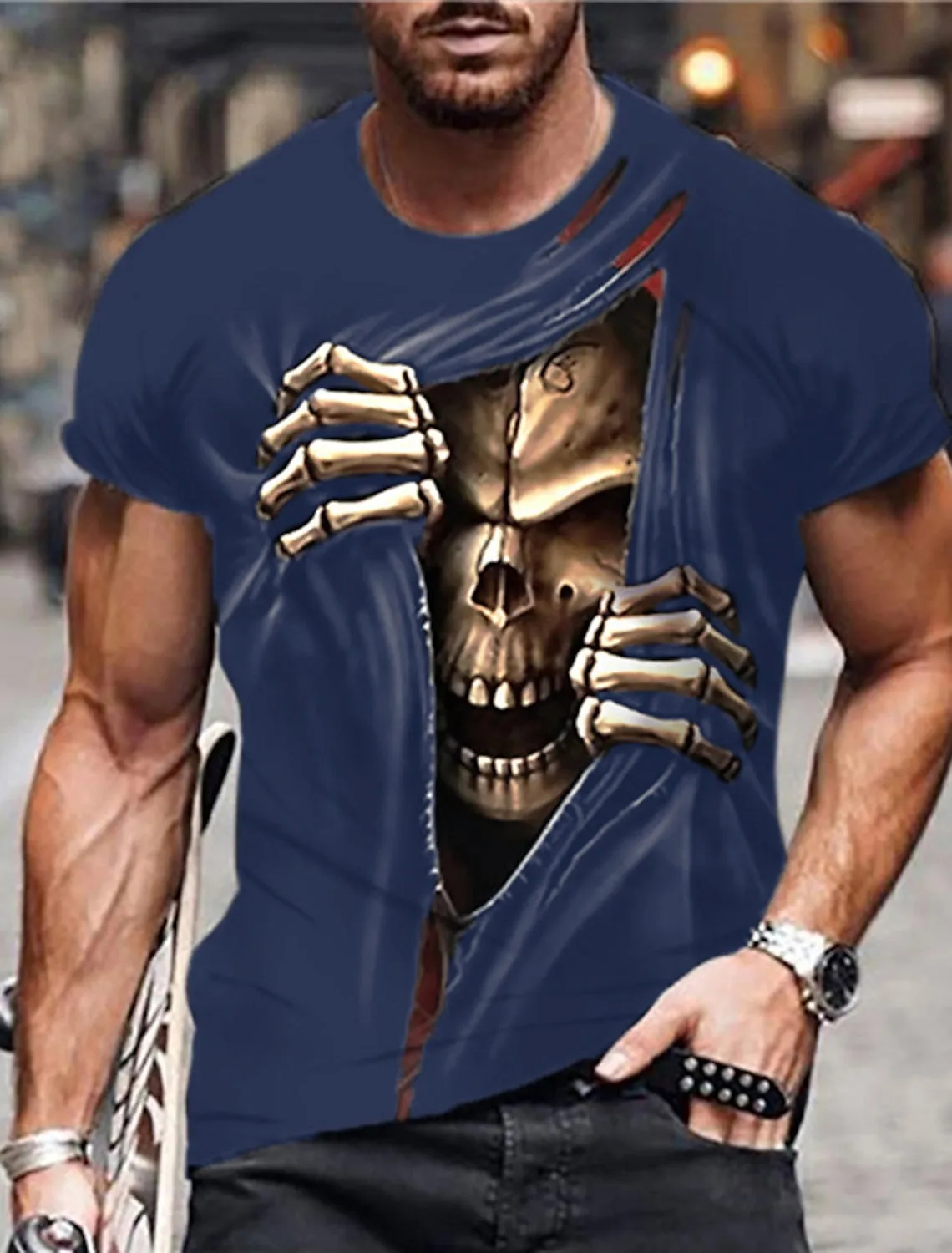 Skull Casual Mens 3D Shirt For Halloween | Blue Summer Cotton | Men'S Unisex Tee Funny Shirts Graphic Prints Crew Neck Custom Black Green Khaki 3D Daily