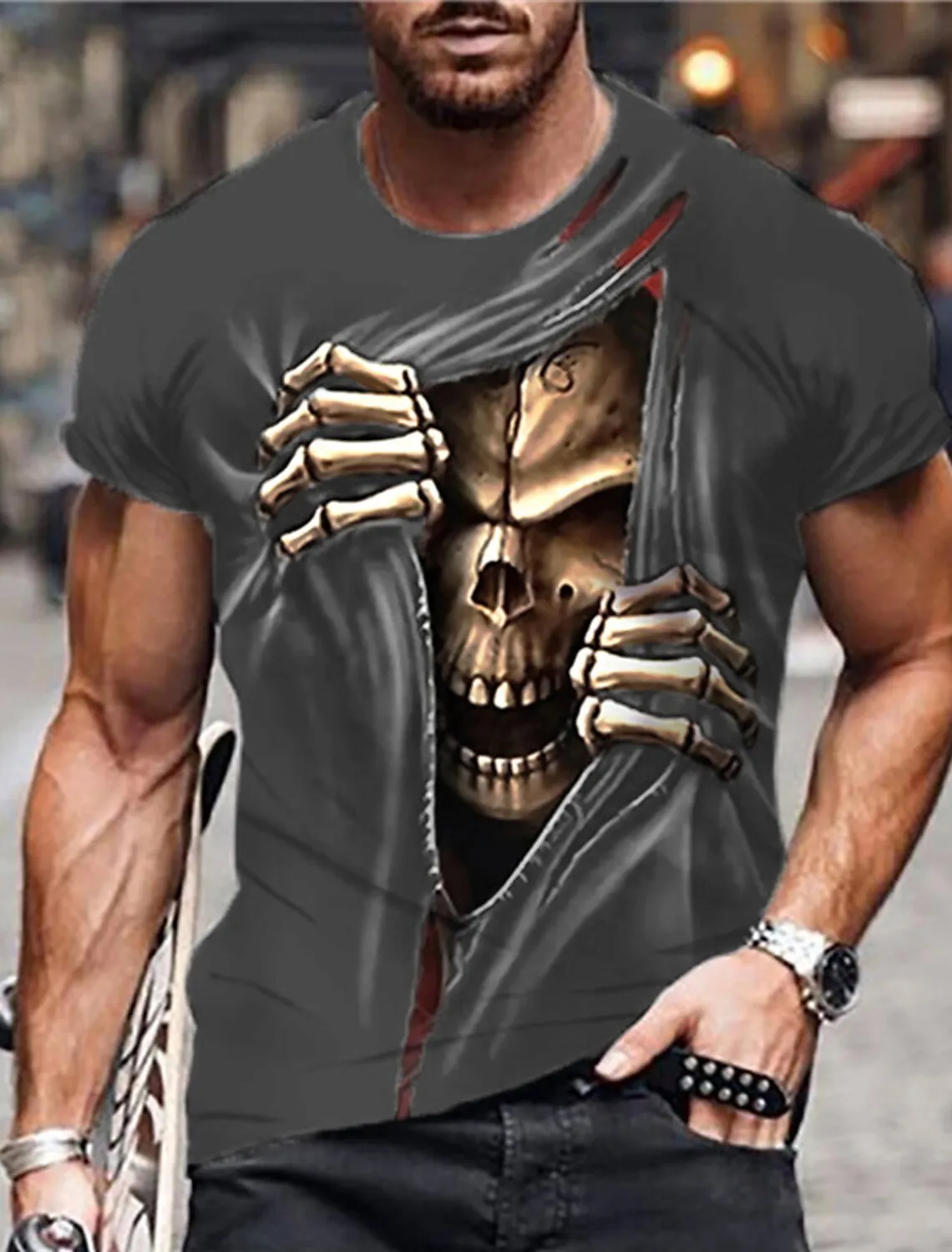 Skull Casual Mens 3D Shirt For Halloween | Blue Summer Cotton | Men'S Unisex Tee Funny Shirts Graphic Prints Crew Neck Custom Black Green Khaki 3D Daily