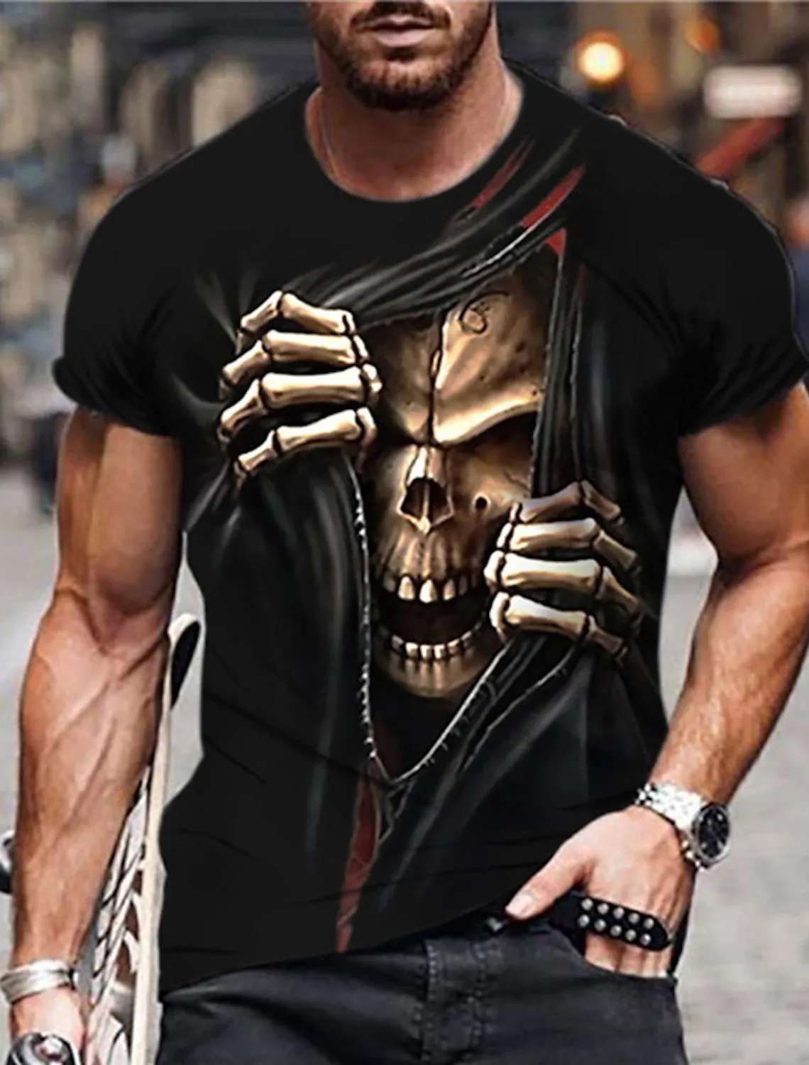 Skull Casual Mens 3D Shirt For Halloween | Blue Summer Cotton | Men'S Unisex Tee Funny Shirts Graphic Prints Crew Neck Custom Black Green Khaki 3D Daily