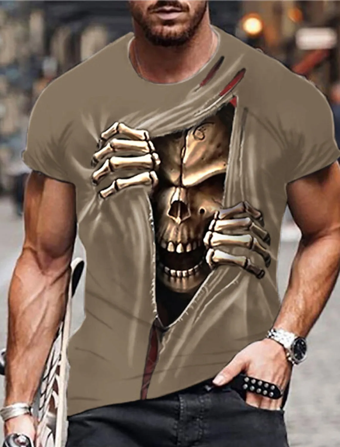 Skull Casual Mens 3D Shirt For Halloween | Blue Summer Cotton | Men'S Unisex Tee Funny Shirts Graphic Prints Crew Neck Custom Black Green Khaki 3D Daily