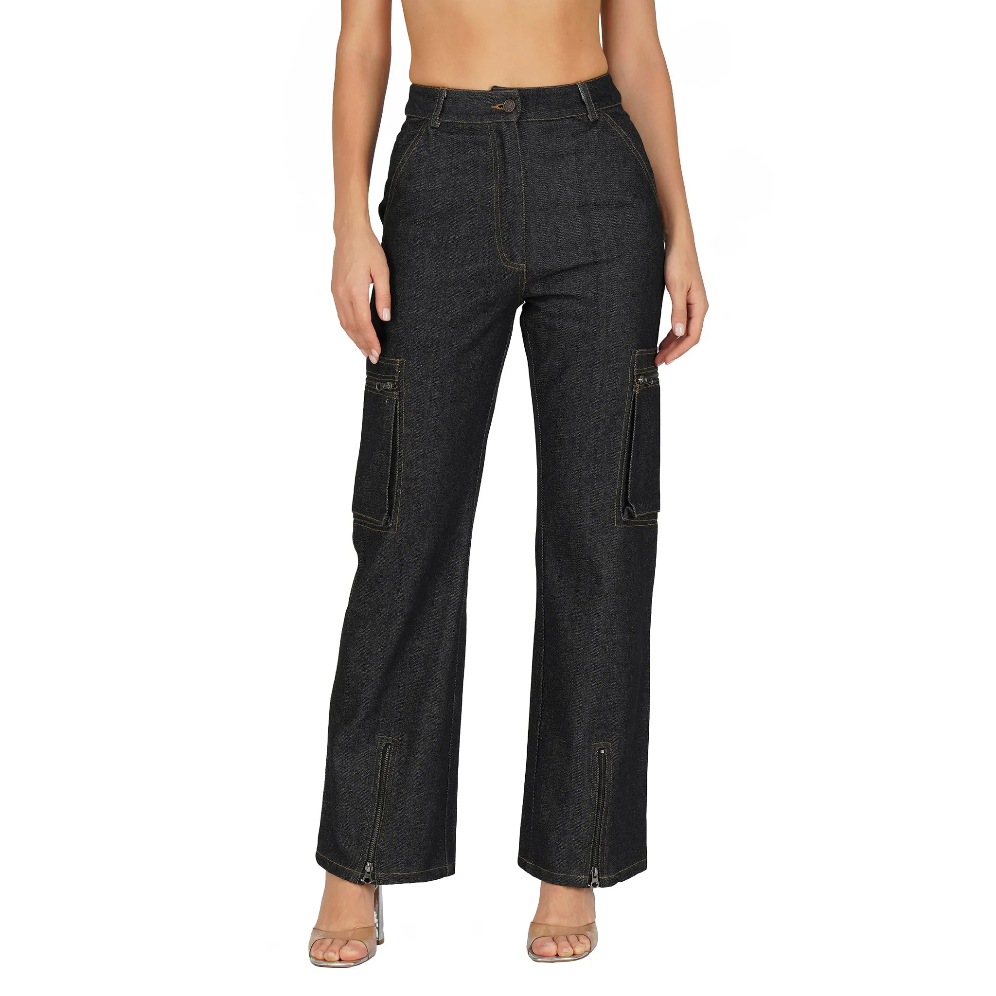 SLAY. Women's Black Denim Cargo Jeans