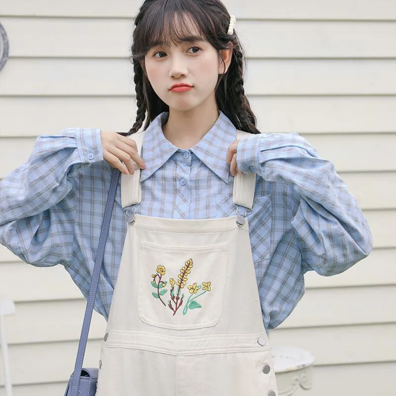 Slimming Embroidery Loose Fit Washed Denim Overalls