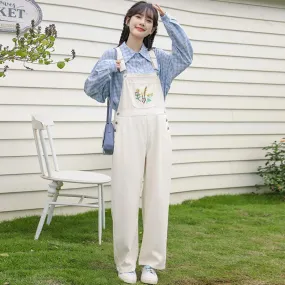 Slimming Embroidery Loose Fit Washed Denim Overalls