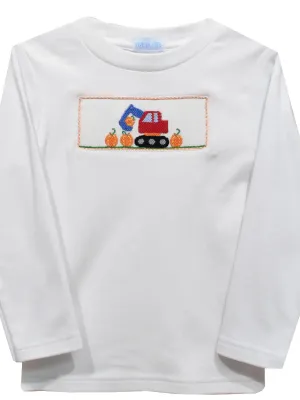 Smocked Long Sleeve T-Shirt - Excavator with Pumpkins