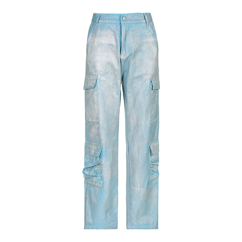 Streetwear Bling Tie Dye Cargo Pants Women Pockets Straight Leg Baggy Jeans Design Party Clubwear Fashion Trousers