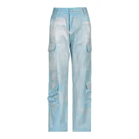 Streetwear Bling Tie Dye Cargo Pants Women Pockets Straight Leg Baggy Jeans Design Party Clubwear Fashion Trousers