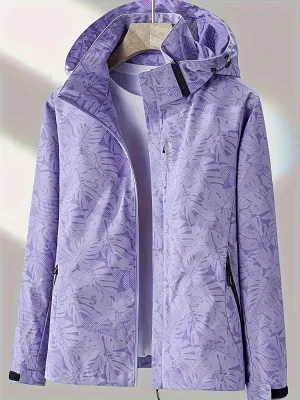 Stylish Leaf Print Windbreaker Jacket - Waterproof, Breathable, and Packable - Women's Outdoor Rain Jacket with Removable Hood and Adjustable Cuffs for Hiking, Camping, and Travel