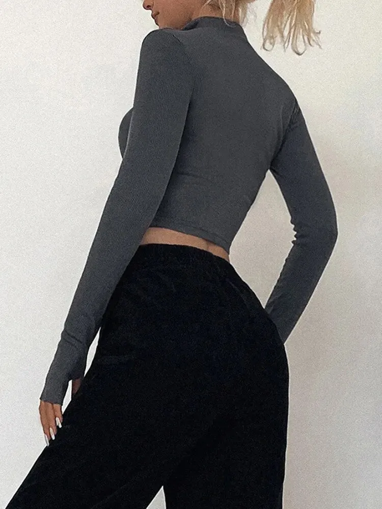 T-shirt women long sleeves turtleneck crop tops simple style