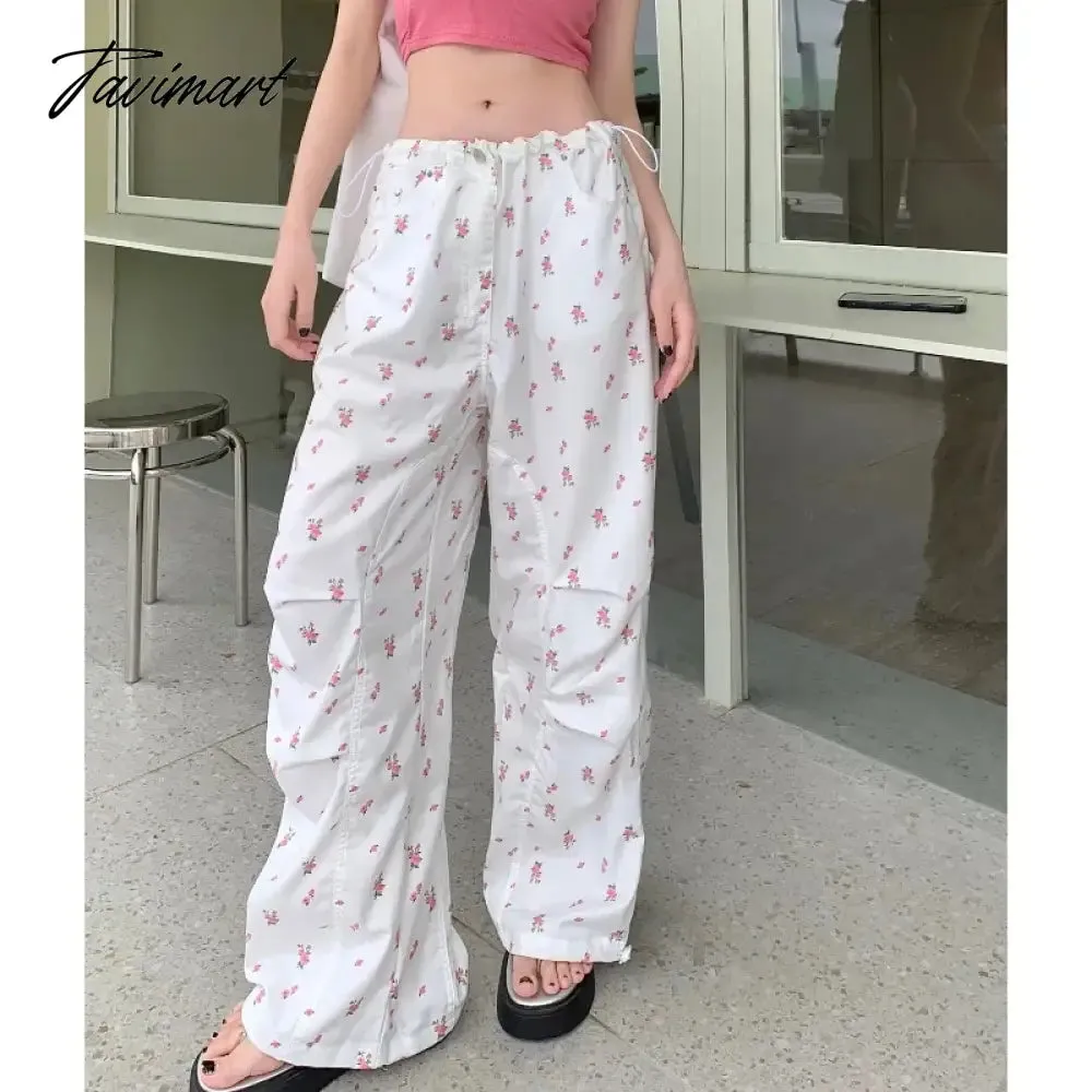 TAVIMART  Streetwear Floral Printed Casual Cargo Pants Women Summer New High Waist Drawstring Pleated Loose Wide Leg Pants